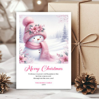 Zoete roze sneeuwman Kerst kinderkaart bewerkbaar Feestdagenkaart