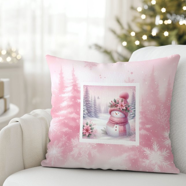 Zoete Roze Sneeuwman Winter Scene Kussen Kinder Ca (Sweet Pink Snowman Winter Scene Pillow Kids Gift)