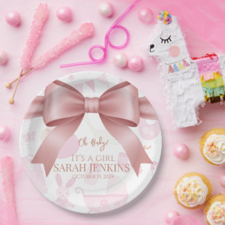 Zoete Roze Strik & Llama Meisje Baby Shower Papieren Bordje