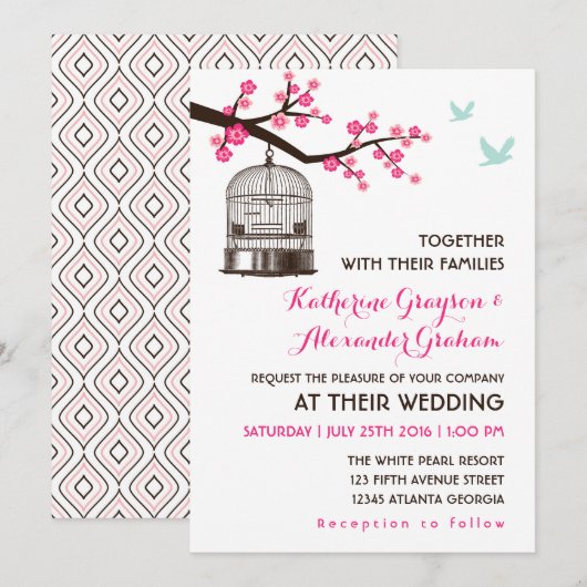 Zoete Roze Vogelkooi Bloem Bruiloft Uitnodiging (Voorkant / Achterkant)