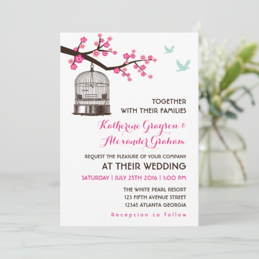 Zoete Roze Vogelkooi Bloem Trouw Uitnodiging (Staand voorkant)