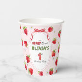 Zoete Roze Waterverf Aardbei Eerste Verjaardag Papieren Bekers (Achterkant)