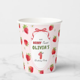 Zoete Roze Waterverf Aardbei Eerste Verjaardag Papieren Bekers