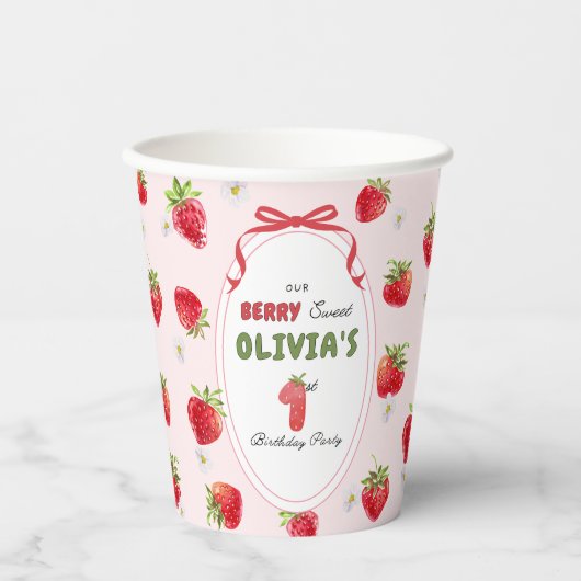 Zoete Roze Waterverf Aardbei Eerste Verjaardag Papieren Bekers (Voorkant)