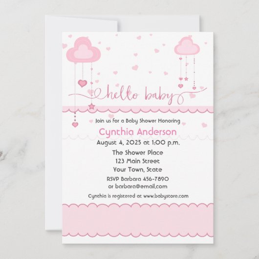 Zoete roze wolken en harten Baby shower Kaart (Voorkant)