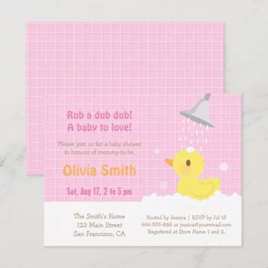 Zoete Rubber Eendje Roze Baby Shower Uitnodigingen (Voorkant / Achterkant)