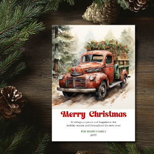 Zoete rustieke kerstscene rode vrachtwagen winter feestdagenkaart