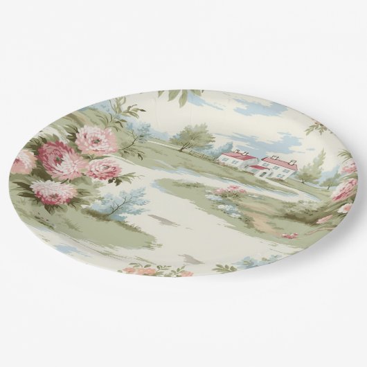 Zoete rustieke landhuis bloemenlandschap papieren bordje (Gekanteld)