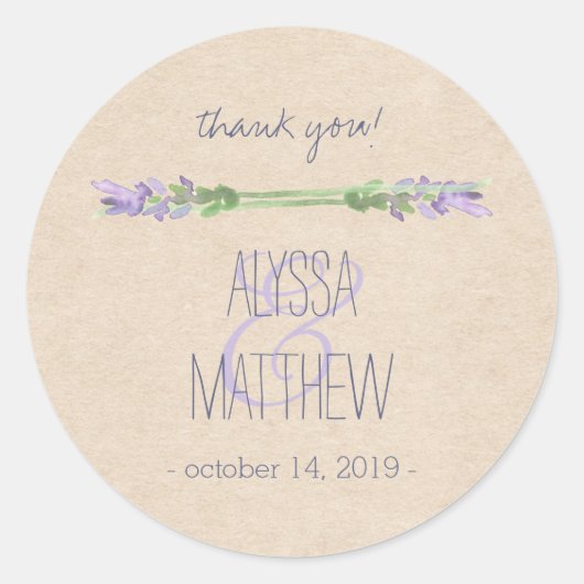 Zoete rustieke Paarse lavendel op Kraft Look bruil Ronde Sticker (Voorkant)