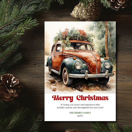 Zoete rustige kerstscene rode auto winter feestdagenkaart