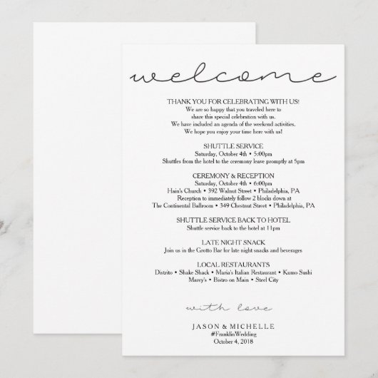 Zoete Script Trouw Itinerarium - Trouw Welkom Kaart (Voorkant / Achterkant)