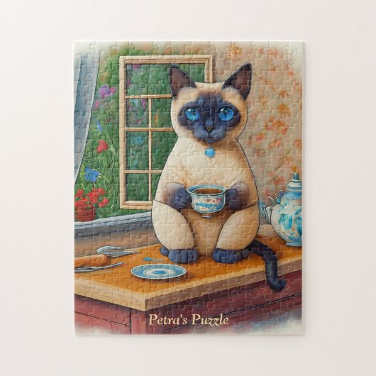 Zoete Siamese Kat en Theekopje Puzzel (Verticaal)