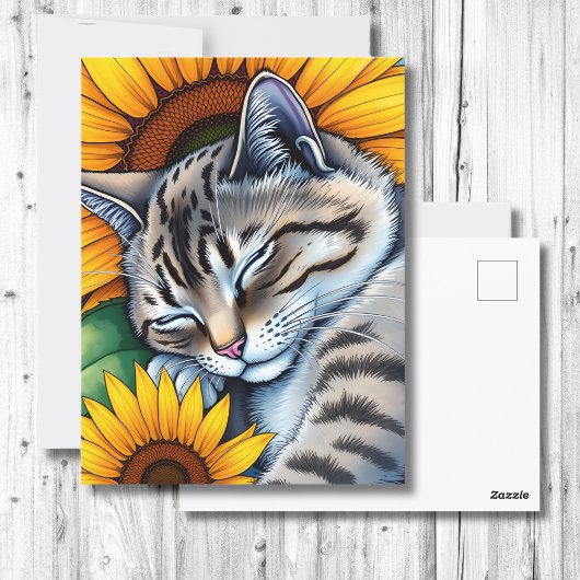 Zoete slapende grijze kat en zonnebloem briefkaart