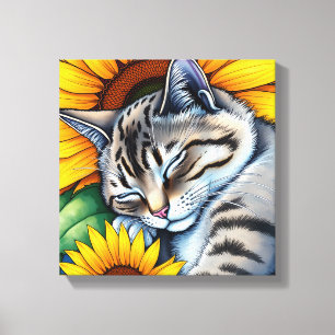 Zoete slapende grijze kat en zonnebloem canvas afdruk
