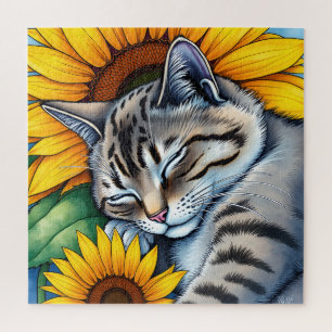Zoete slapende grijze kat en zonnebloem legpuzzel