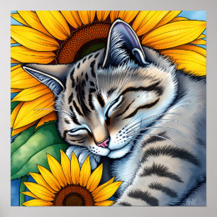 Zoete slapende grijze kat en zonnebloem poster