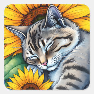 Zoete slapende grijze kat en zonnebloem vierkante sticker
