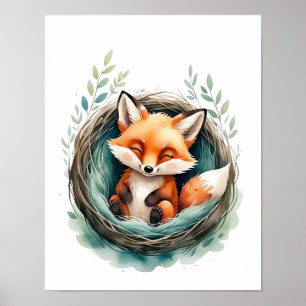 Zoete slapende vos genesteld waterverf illustratie poster