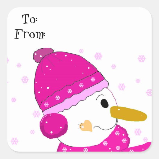 Zoete Sneeuwman in Roze Vierkante Sticker (Voorkant)