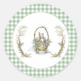 Zoete sprookjesdier groene geruite babyshower ronde sticker