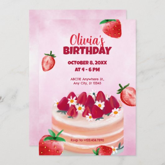 Zoete taart en aardbeien verjaardag kaart (Voorkant / Achterkant)