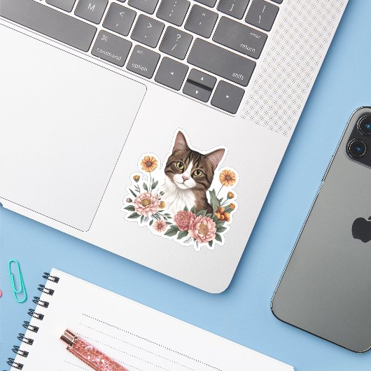 Zoete Tabby kat met bloemen Sticker (Laptop met iPhone)