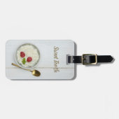 Zoete tandrijstpudding met frambozen dessert bagagelabel (Voorkant horizontaal)