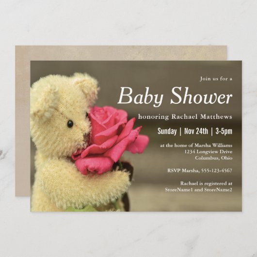 Zoete Teddy Bear met Roos Baby shower Kaart (Voorkant / Achterkant)