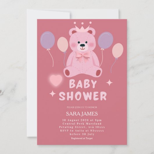 Zoete Teddybeer Baby Shower Uitnodiging (Voorkant)