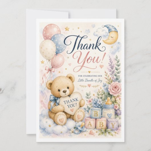 Zoete teddybeer babyshower bedankkaart (Voorkant)