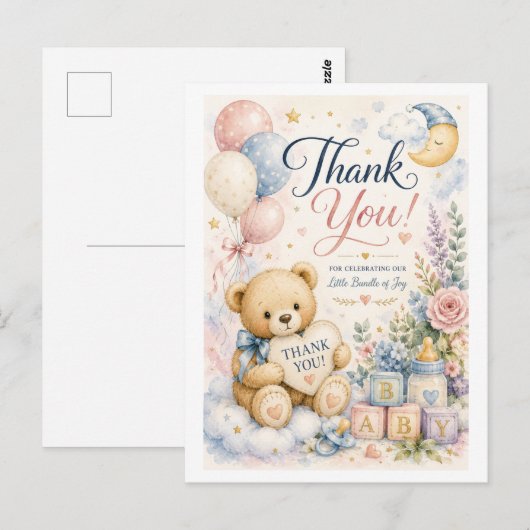 Zoete teddybeer babyshower bedankkaart briefkaart (Voorkant / Achterkant)