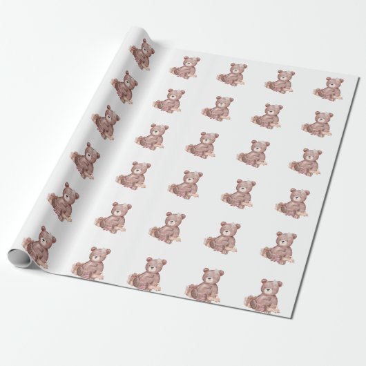 Zoete teddybeer babyshower inpakpapier (Uitgerold)