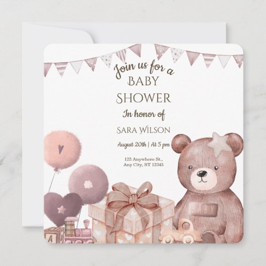 Zoete teddybeer babyshower uitnodiging (Voorkant)