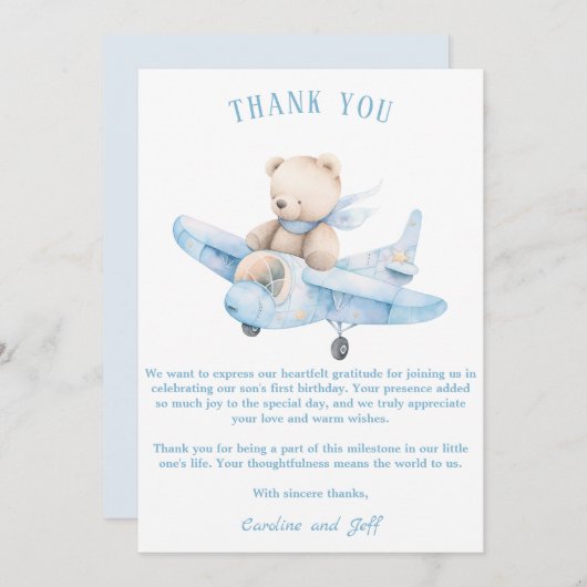Zoete teddybeer op een vliegtuig bedankkaart (Voorkant / Achterkant)