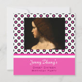 Zoete tienjarige uitnodiging, roze polka stippen kaart (Achterkant)