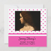 Zoete tienjarige uitnodiging, roze polka stippen kaart (Achterkant)