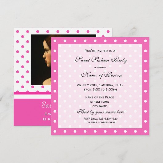 Zoete tienjarige uitnodiging, roze polka stippen kaart (Voorkant / Achterkant)