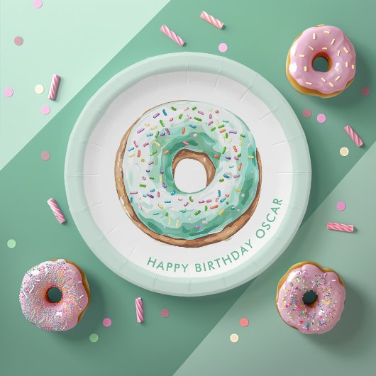 Zoete tijd pastel groene donut verjaardag papieren bordje