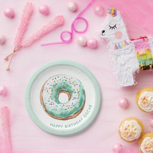 Zoete tijd pastel groene donut verjaardag papieren bordje (Feest)