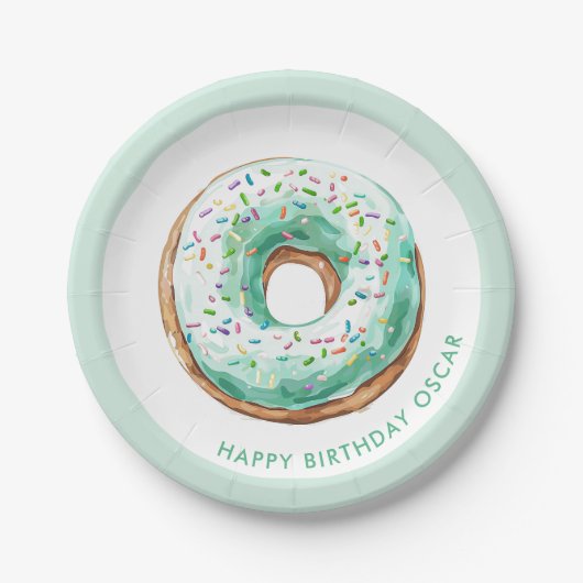 Zoete tijd pastel groene donut verjaardag papieren bordje (Voorkant)