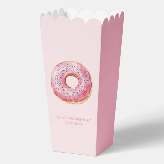 Zoete tijd pastel roze donut verjaardag bedankdoosjes (Voorkant)