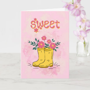 Zoete titel met Gele Regenlaarzen en Bloemen Auto Kaart
