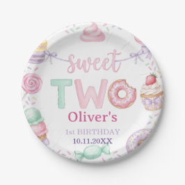 Zoete Twee Pastelkleurige Dessert 2e Verjaardag Pa Papieren Bordje