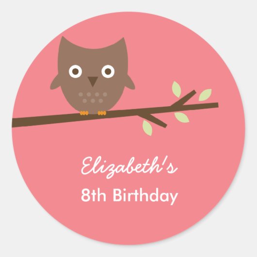 Zoete Uil Favor Stickers (roze) (Voorkant)