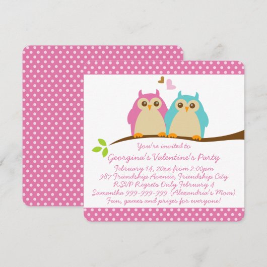 Zoete Uilen in Liefde Roze Kinder Valentijnse Part Kaart (Voorkant / Achterkant)