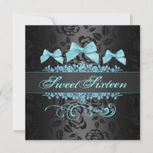 Zoete uitnodiging van 16 Blue & Black Bow Birthday