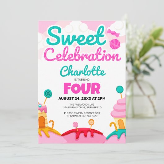 Zoete viering: Candyland Verjaardag Bash Kaart (Staand voorkant)