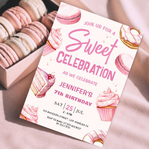 Zoete Viering Roze Donuts Meisje 7e Verjaardag Kaart