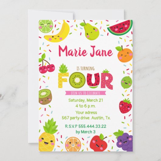 zoete vierjaars fruituitnodiging kaart (Voorkant)