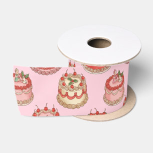 Zoete Vintage Cake en Kersen Patroon Satijnen Lint